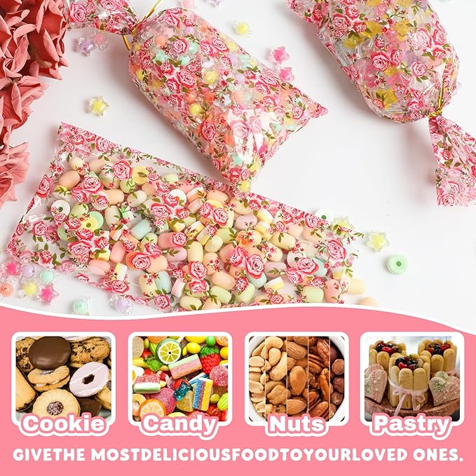 Docvania Floral Cellophane Treat Bags Plastic Gift Bag 100 pcs 5 X 11 Flowers Cookie Bags with Ties Goodie Candy Bag Suitable for Mother's Day, Valentine's Day, and Holiday Parties
