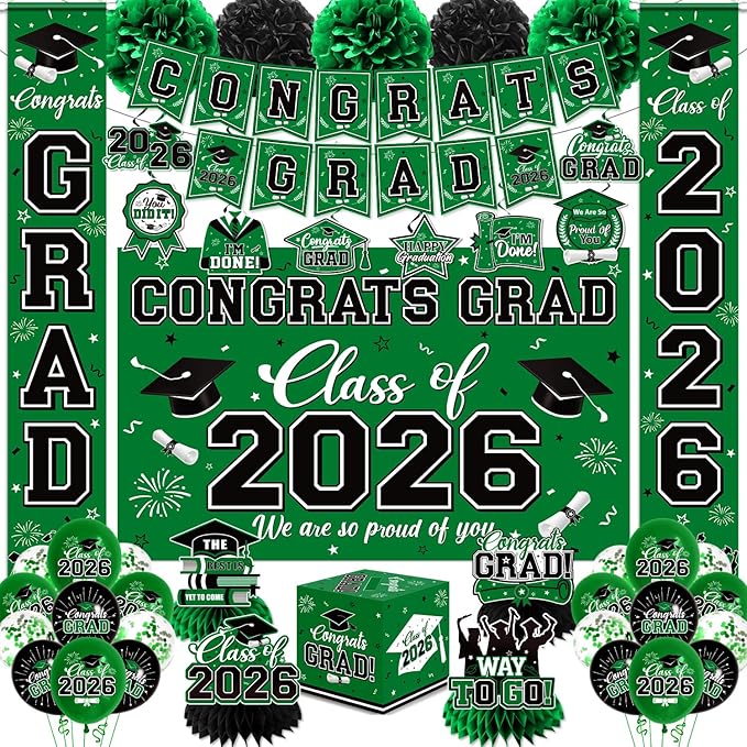 Graduation Decorations 2026 Green Party Decor Set with Congrats Grad Banner, Class of 2026 Backdrop, Balloons, Box & Streamers Supplies for High School & College Celebrations