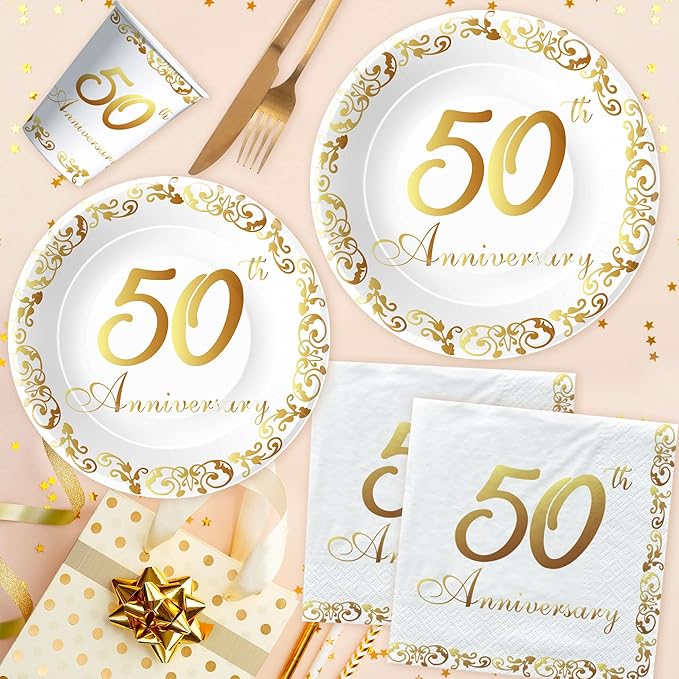 APOWBLS 50th Anniversary Decorations And Supplies Tableware - Golden 50th Wedding Anniversary Decorations Party Supplies, Paper Plate, Napkin, Tablecloth, Fork | Serves 24