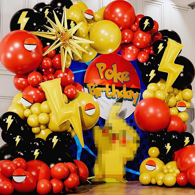 ALL-IN-1 Cartoon Balloon Arch Kit with BONUS Thunder & Starburst Balloons for Poke Birthday Decorations - Red Black Yellow Balloons for Poke Cartoon Birthday Decorations & Video Game Party Supplies