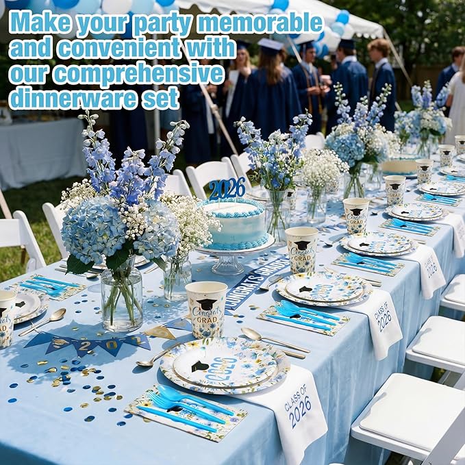 400 Pcs Class of 2026 Blue Floral Graduation Decoration for 50 Guests, Light Blue Gold Flower Graduation Paper Plates Napkins Cups Cutlery Grad Tableware for 2026 Congrats Grad Party Supply