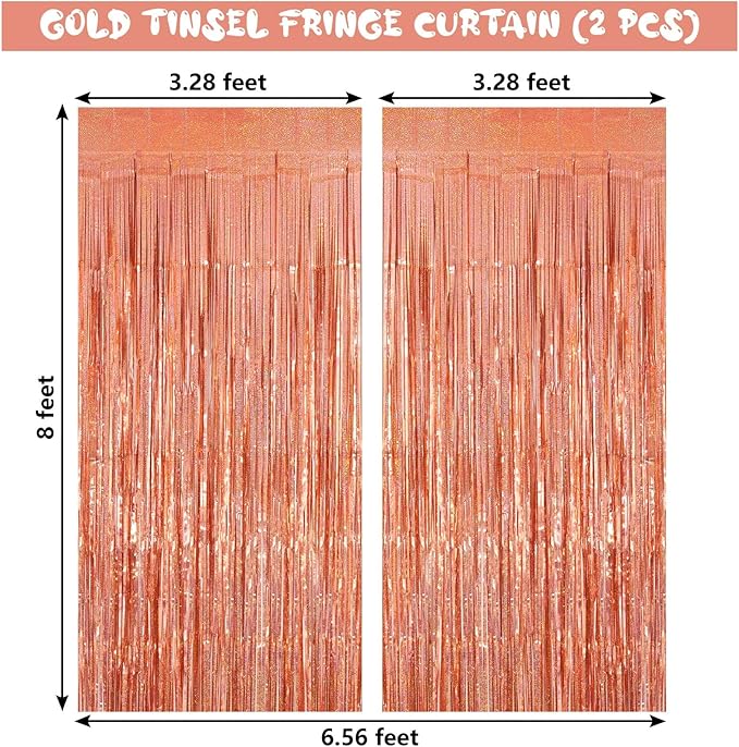 Tinsel Foil Fringe Curtain, 2 Pack Metallic Tinsel Curtain Backdrop for Party Decorations, Large Glitter Streamer Backdrop for Birthday Wedding Christmas Photo Booth (Rose Gold)