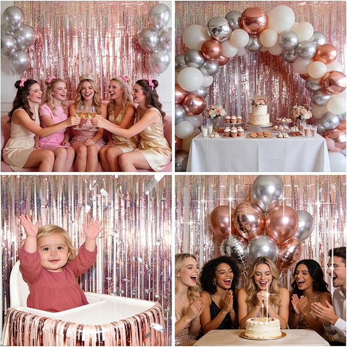 4 Packs Champagne Foil Fringe Curtain, Rose Gold Glitter Metallic Tinsel Backdrop for Birthday Wedding Bridal Baby Shower Engagement Bachelorette Party Decorations Supplies