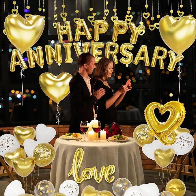 Gold and White Anniversary Party Decorations, Happy Anniversary Banner, Gold and White Heart Balloons, Love Foil Balloon, Heart Hanging String for Valentines Day Birthday Wedding
