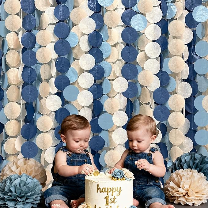 205 Ft Dusty Blue Party Decorations Navy Blue Khaki Beige Circle Dot Backdrop Garland Tissue Paper Polka Dots Hanging Streamer for Baby Shower Birthday Graduation Wedding Bachelor Nautical Party