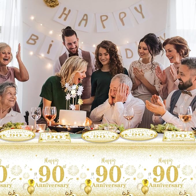 41PCS Golden Birthday Party Decorations 90th Party Tableware Set 1936 90th Theme Birthday Party Table Decoration Supplies Cheers to 90 Years Paper Plate Napkin Tablecloth for Party Anniversary