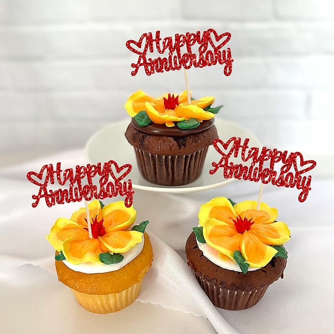 Gyufise 24Pcs Glitter Happy Anniversary Cupcake Toppers Anniversary Party Supplies Cake Decoration Wedding Celebration Party Decoration Supplies Red