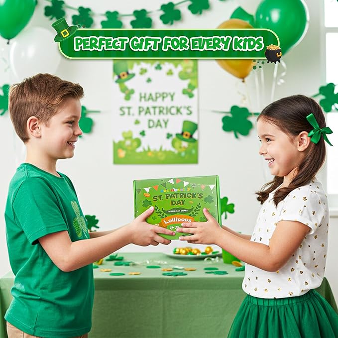 4E's Novelty 24 Pack St. Patrick's Day Shamrock Lollipops, Green Apple Flavor Individually Wrapped Shamrock Shape Candies, St Patricks Suckers Party Favors Goodie Bag Fillers, Fun St Patty's Day Office Classroom Candy