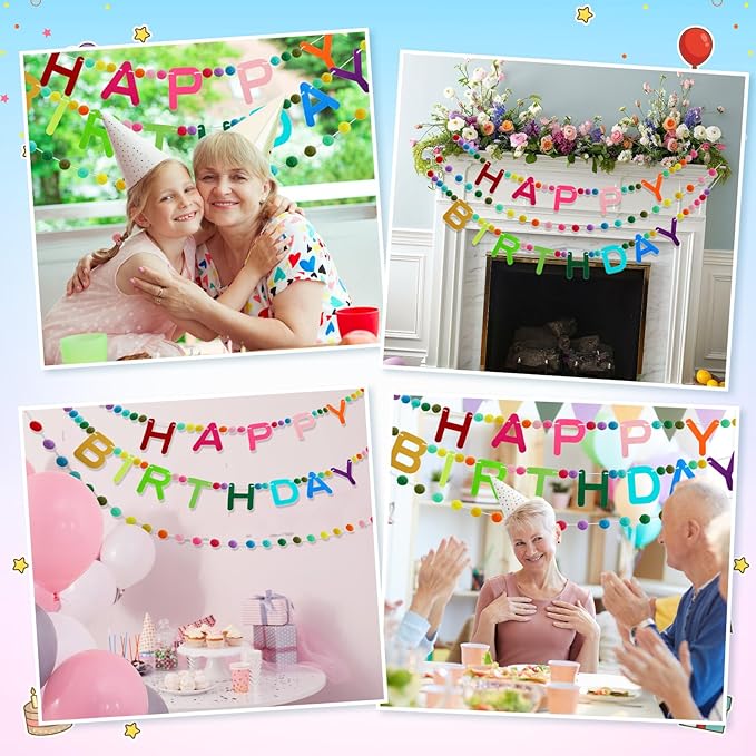 Breling 3 Pieces Happy Birthday Felt Garlands 10ft Colorful Pompom Ball Garland Birthday Party Decorations for Wall, Mantle Fireplace, Hanging Decor