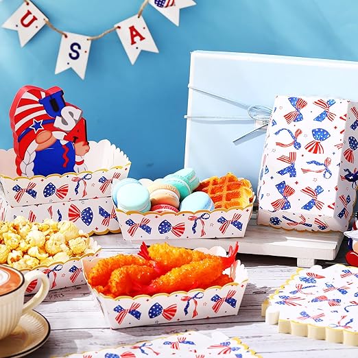 36 Pack Patriotic Plates Paper Food Trays Patriotic Food Boats Disposable American Flag Nacho Snack Taco Hot Dog Holder Serving Trays for Labor Day Veteran Day Party Decor Supplies(Bow)