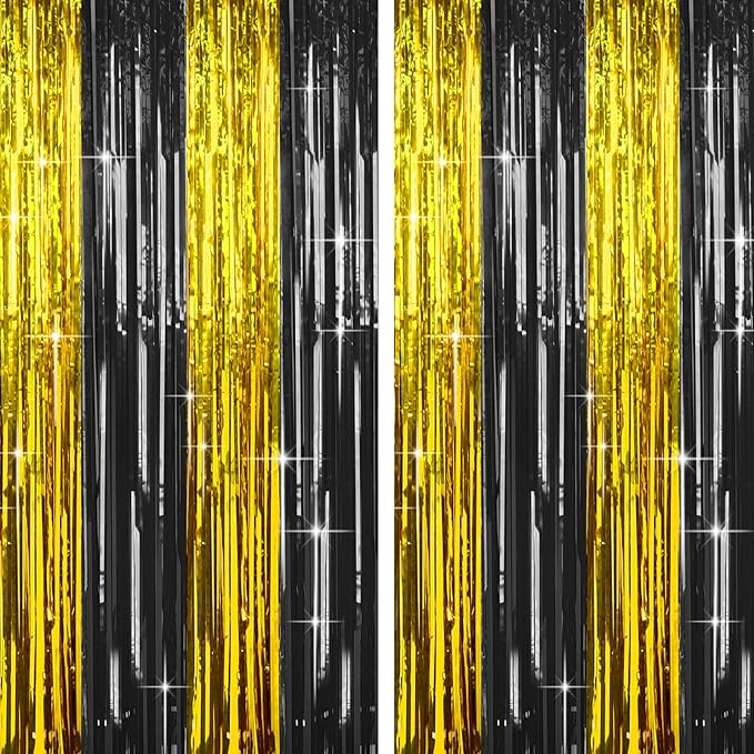 4 Packs Black and Gold Foil Fringe Curtain, Black Gold Metallic Tinsel Backdrop for Birthday, Wedding, Graduation Decorations 2025, Anniversary, Retirement Party Decorations Supplies