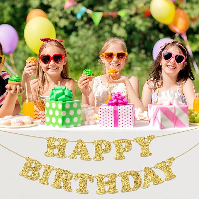 Glitter Gold Happy Birthday Banner Birthday Party Decorations Sign Garland Bunting Banner for Wall Decor Party Background for Kids Boys Girls Adults