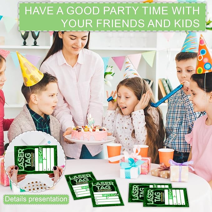 Laser Tag Birthday Party Invitations, Glow Neon Theme Invite Cards, 20 Count with Envelopes for Boys Girls Teen, 4 x 6 Double Sided Printed Fill In Blank Party Supplies- Green