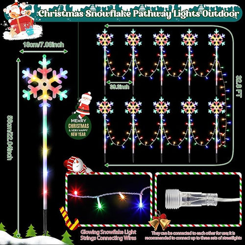 10 Pcs Christmas Snowflake Pathway Stake Lights for Outdoor Yard, 370 Bright LEDs Waterproof Large Christmas Snowflake Light Decoration for Garden Lawn Driveway Walkway Decor(Colorful)