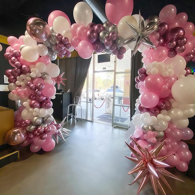 Pink Winter Wonderland Balloons, 60PCS Pearl White & Pink Double Stuffed Balloons, Metallic pink Silver and Snow Balloon for Princess Ice Wonderland Baby Shower Christmas Birthday Party Decorations