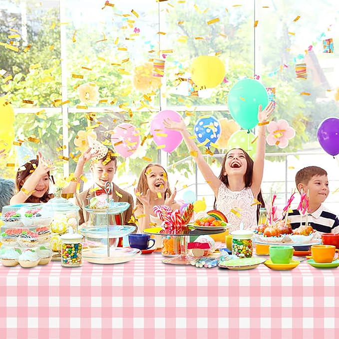 12 Pcs Pink Gingham Tablecloth 54 × 108 Inches Pink and White Checkered Table Cloth Disposable Plastic Waterproof Tablecover for Outdoor Picnic, Birthday Party, Holiday Dinner