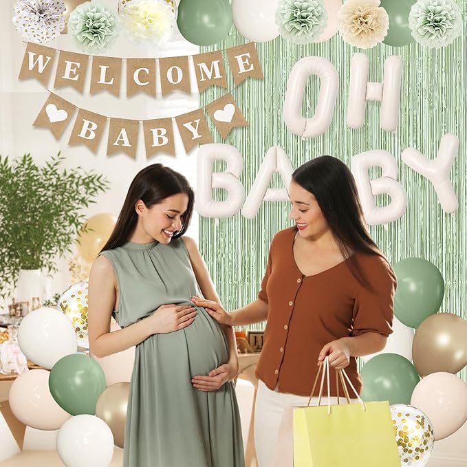 Ouddy Party Sage Green Baby Shower Decorations for Baby, Green Balloons with WELCOME BABY Banner Fringe Curtains Foil Balloons Paper Flower for Boho Baby Shower Birthday Gender Reveal Party Supplies