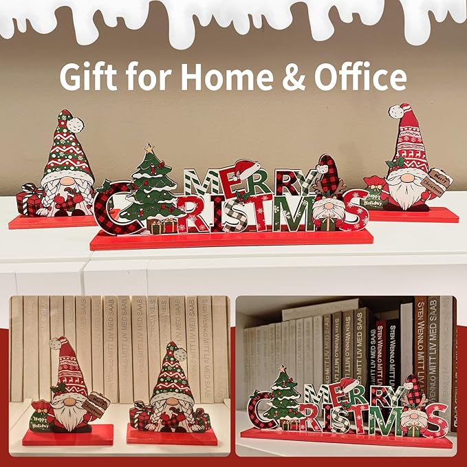 3Pcs Christmas Table Decorations Gnomes Tree and Merry Christmas Sign Centerpiece Tabletop Wooden Ornaments Indoor Xmas Decorations for Party Coffee Table Gifts