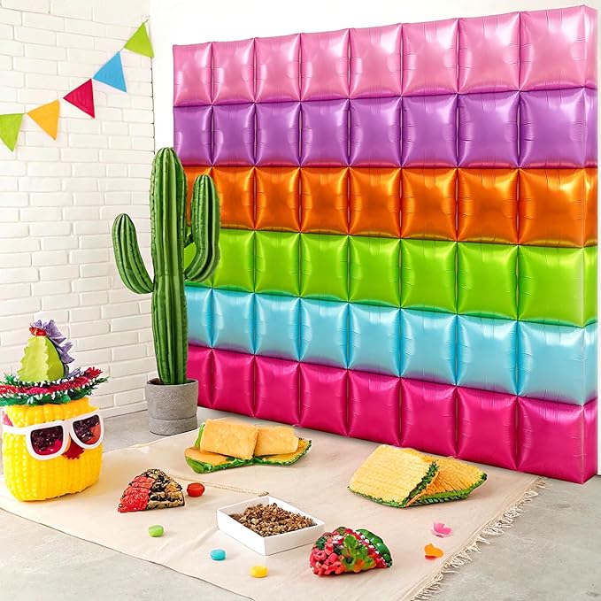 HOMEZZO Fiesta Theme Balloon Wall Backdrop - 50 PCS Rainbow Square Double Sided Square Foil Balloons for Mexican Fiesta, Cinco de Mayo, Birthday, Taco Party Decorations