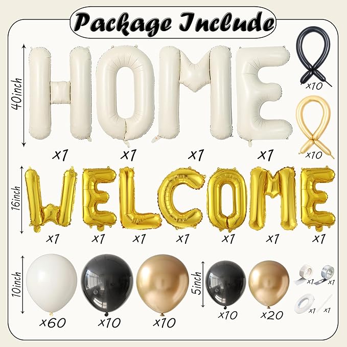 145Pcs Housewarming Party Decorations, 40Inch Beige Welcome Home Balloon Banner, Cream Ivory Black Gold Balloons for New Home Sweet House Warming Homecoming Party