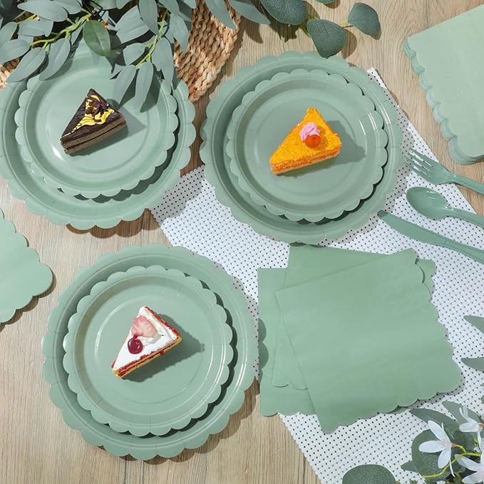 350 Pcs Sage Green Plates and Napkins, 50 Guest Easter Spring Party Supplies Include Scalloped Paper Plates Napkins Cups Plastic Spoons Forks Knives Disposable Tableware Set for Baby Shower