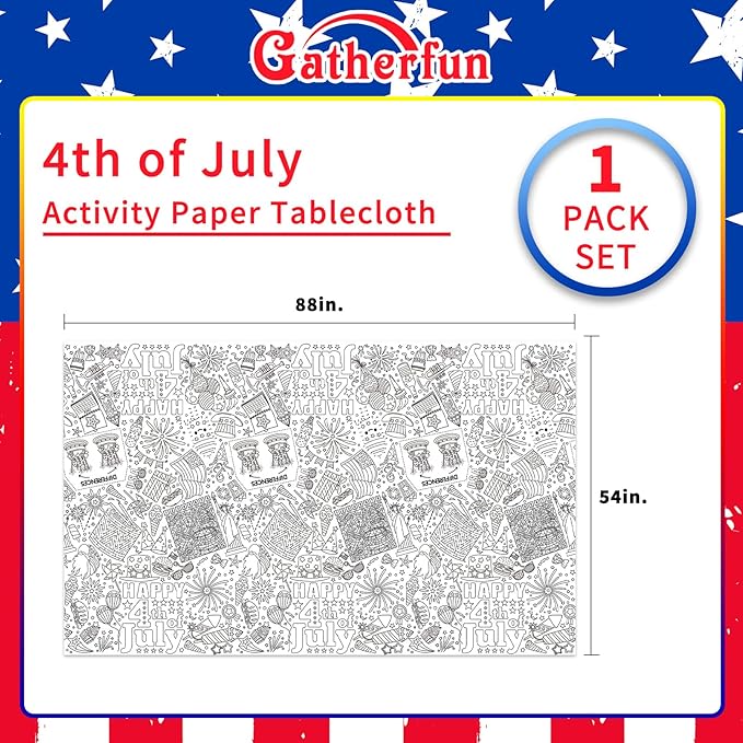 Gatherfun 4th of July Patriotic Party Supplies Color-in Disposable Paper Tablecloth | 54x88 in Independence Day Party Decorations Set for American Flag-Themed, School & Special Events