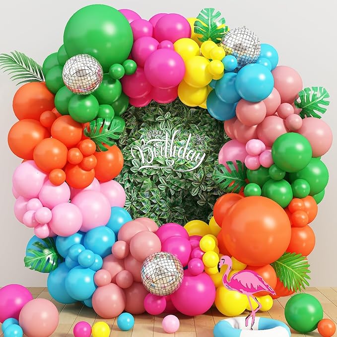 Tropical Balloons Garland Arch Kit, 130Pcs Hawaii Balloon Arch Kit, 18 10 5 Inch Summer Green Hot Pink Orange Yellow Balloons, Hawaii Party Decorations for Swimming Surfing Beach Party Birthday