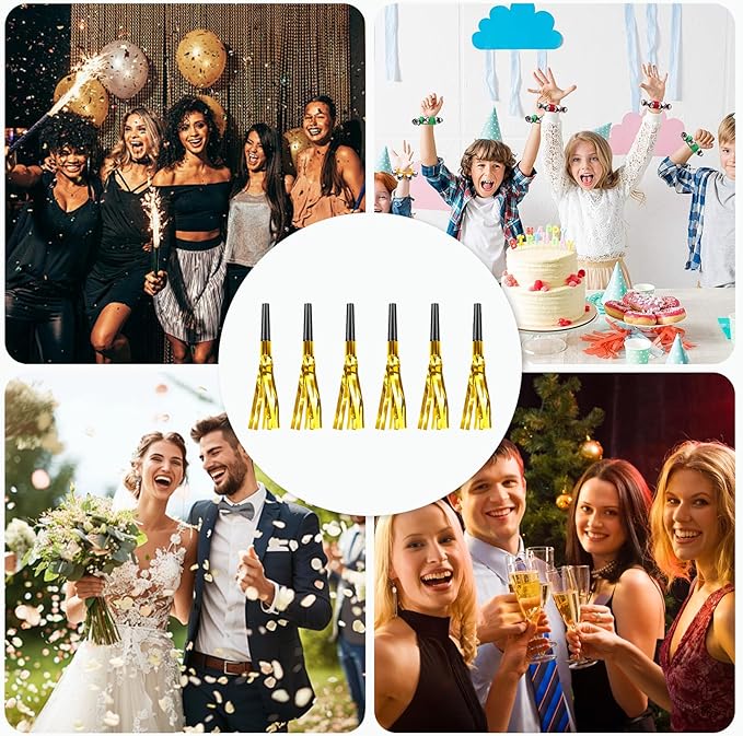 Gold New Years Noise Makers 24 PCS Glitter NYE Party Blowers Blowouts New Years Eve Games Favors Supplies Birthday Pep Rally for Adult Prank Graduation Sporting Events Horns Noisemakers Accessories
