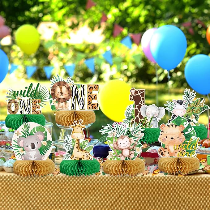 Wild One Birthday Decorations Jungle Baby Shower Honeycomb Centerpieces for Boys and Girls,8 Pcs Safari Centerpieces and Confetti Table Decorations, Safari Jungle Animals Party Decor