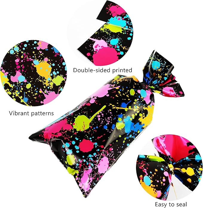 100 Pcs Neon Glow Party Candy Bags Plastic Treat Bags 10.6 x 4.8 Inch Colorful Goodie Bags Glow in the Dark Party Gift Bags Supplies Favors Slime Party with 100 Pieces Twist Ties Decorations