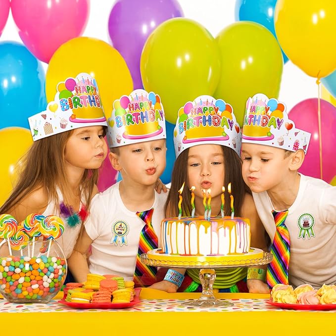 Yunsailing 108 Pcs Happy Birthday Party Supplies for Kids Include 36 Birthday Paper Crowns 36 Badge Stickers and Slap Bracelets for Classroom School Party Supply(Cute Style)