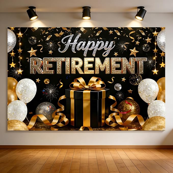 Retirement Party Decorations - Extra Thick Fabric Happy Retirement Backdrop Banner, Large 72x43" Black and Gold Photo Booth Props, Elegant Retire Sign for Men Women Office Outdoor Garden Wall Decor