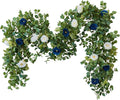 PARTY JOY 6.56ft Eucalyptus Garland with Flowers-8 Blue White Roses, Artificial Fake Flowers Greenery Garland Floral Vines for Decoration Party Wedding Table Indoor Outdoor Backdrop Wall Decor