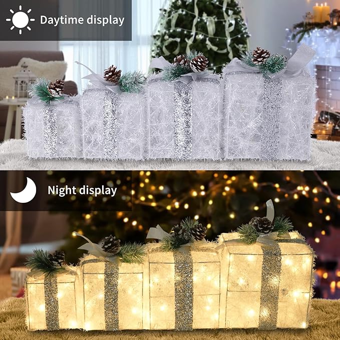 Set of 4 Christmas Lighted Gift Boxes, Pre-lit Light up Present Set with Different Sizes for Holiday Indoor Outdoor Decorations - Battery Operated(Warm White)