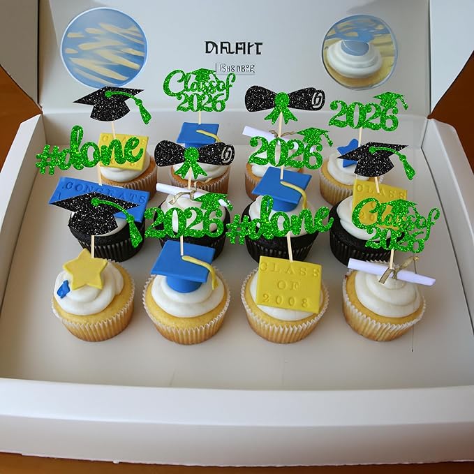 Gyufise 30Pcs 2026 Graduation Done Cupcake Toppers Green Glitter Class of 2026 Cupcake Picks Grad Cap Diploma Cake Decorations for 2026 Graduation Theme Party Cake Decorations Supplies