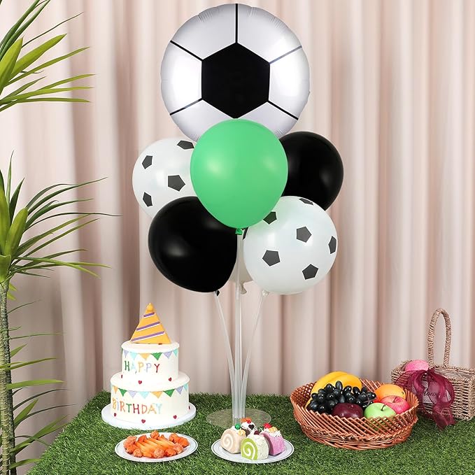 Soccer party Balloons Stand Kit 2 Sets with 2 Soccer Foil Balloons Green White Black Themed Centerpiece for Tables for Men Boys Football Game Sports Birthday Party Decorations