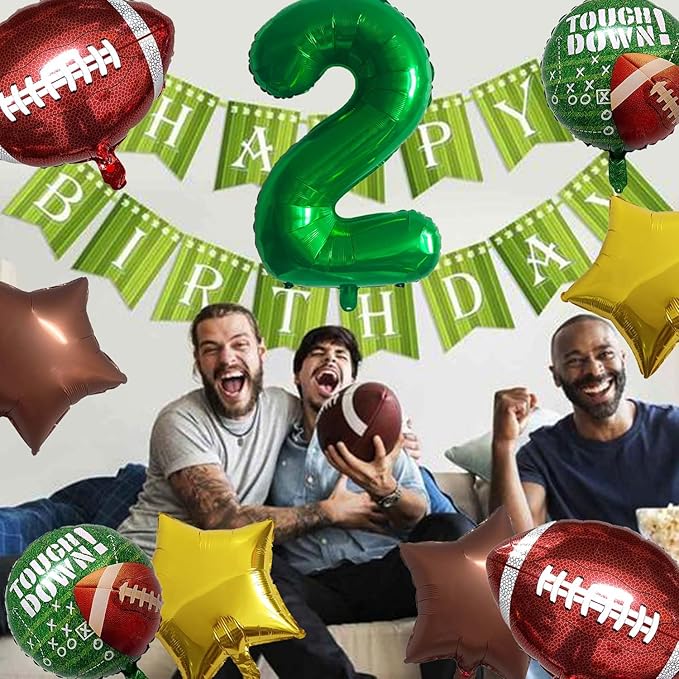 Football Balloons Foil Football Birthday Decorations Balloons Green Number 2 Balloon Gold Brown Star Touchdown Ballons for Rugby Birthday Decorations Sports Ballons Arch Kits Party Balloon Sets 9pcs