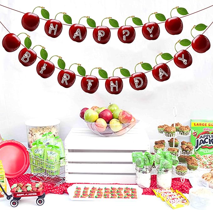 Cherry Happy Birthday Banner – Fruit-Themed Birthday Decoration Banner for Indoor Party Setup, Wall Hanging Display, Dessert Table Background, Photo Booth Backdrop, and Creative Birthday