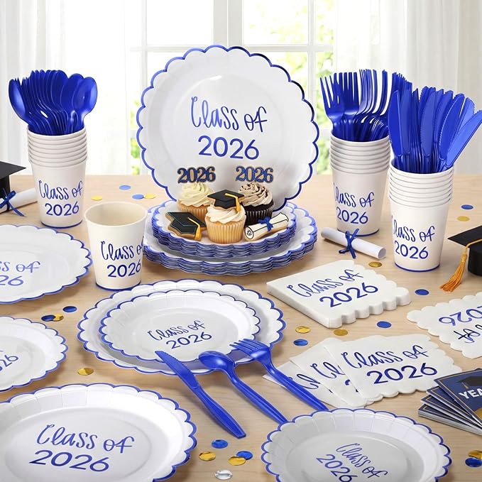 Class of 2026 Graduation Party Supplies, 175 Pcs Congrats Grad Paper Plates Napkins and Cups Cutlery Disposable Tableware Set for College High School Congrats Decorations, Serves 25(Blue)