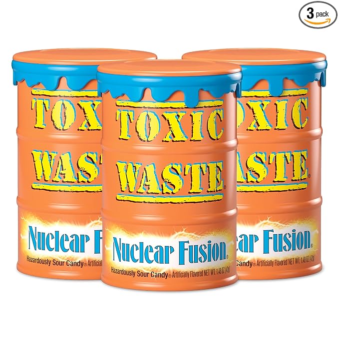 TOXIC WASTE - Nuclear Fusion Hazardously Sour Candy - Raspberry-Lemon, Pineapple-Passionfruit, Grape-Strawberry, Banana-Blueberry, & Orange-Apple Flavors - 1.48 oz. Drums - 3 Pack