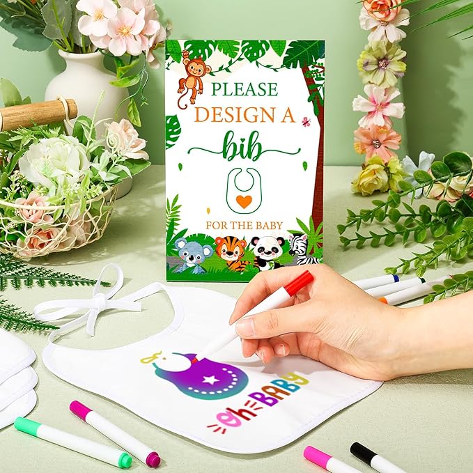 50 Pcs Baby Shower Game White Bib Kit Include 1 Wooden Baby Shower Game Sign 25 DIY Blank White Bibs 24 Colorful Markers(Animal)
