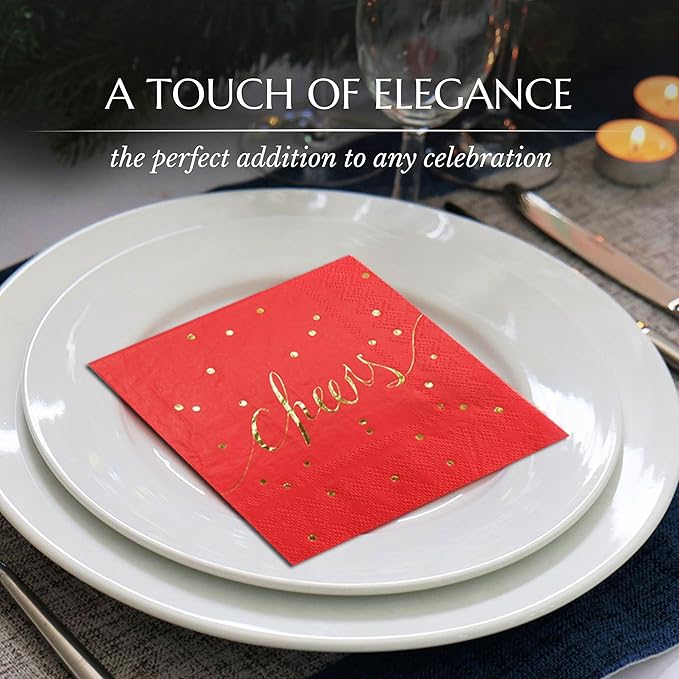 Red & Gold Cocktail Napkins - Disposable, 3 Ply, Paper, Decorative, Christmas, Love Napkins - Pack of 100