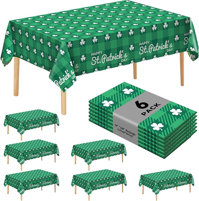 6 Pack Clover Checkered Disposable Plastic Tablecloth 54" x 108" Green Shamrock Party Table Cloths Disposable for 6 to 8 Foot Tables St Patricks Day Party Indoor or Outdoor (Clover Checkered)