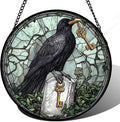 Stained Glass Window Hanging - Halloween Crow Holding A Key Suncatcher for Doors Garden Home Spooky Green Vines Sun Catchers Gothic Decor Horror Gift for Women Men Friend Boy Girl 6.3 in
