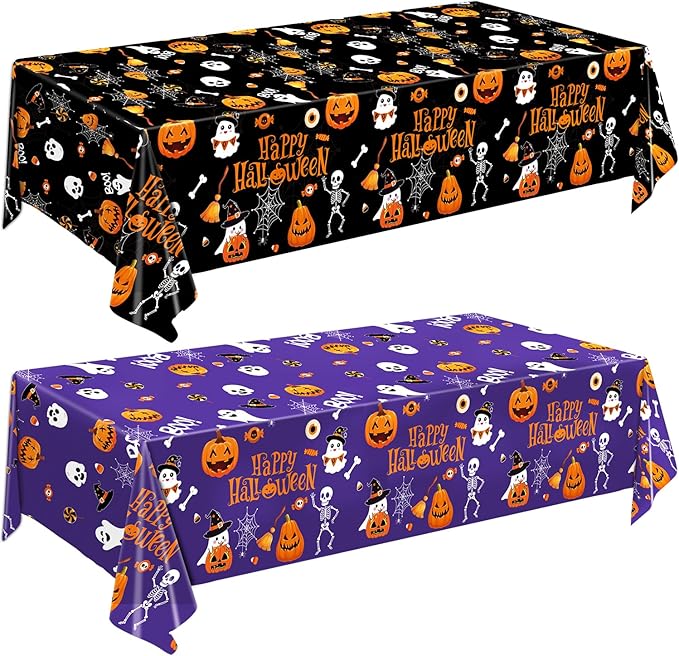 Halloween Disposable Plastic Tablecloth Halloween Party Decorations Supplies Rectangle Disposable Table Cover for Indoor Outdoor Party Decor, 2 Pack