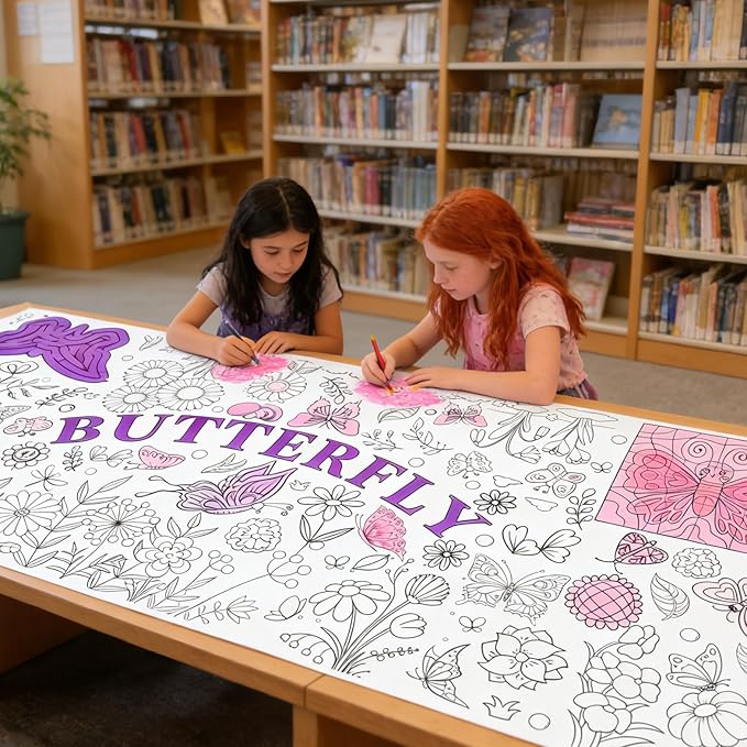 Butterfly Coloring Poster, 31 x 72 Inch Giant Flower Garden Theme Paper Coloring Tablecloth, Nature Spring Coloring Activity Table Cover, Holiday Arts Crafts Party Table Decor Supplies