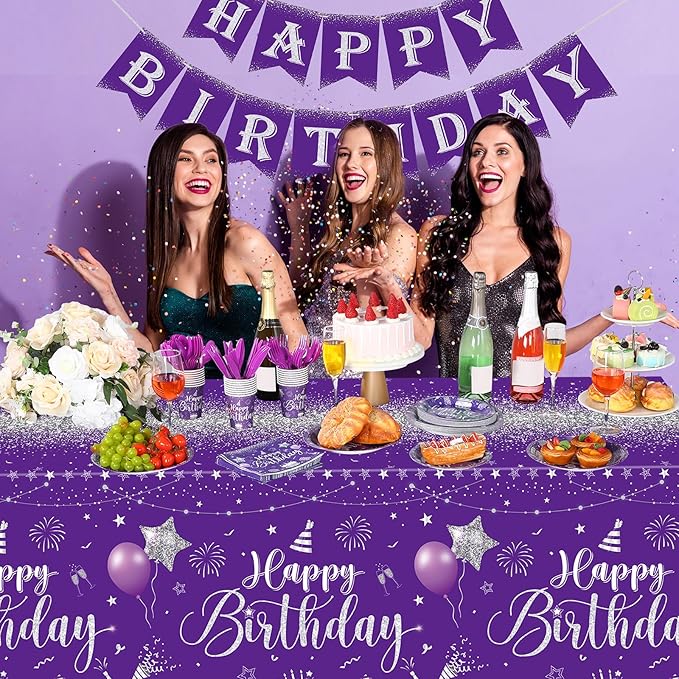Vesici 171 Pcs Happy Birthday Party Supplies 24 Set Disposable Party Tableware include Plates Cups Napkins Cutlery and Banner Tablecloth Birthday Dinner Decorations for Men Woman(Purple, Silver)