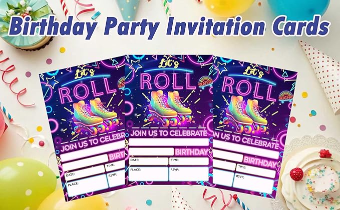 CLIRBE Let's Roll Birthday Party Invitations, Glow Purple Birthday Invitations For Brother Bro Teen Boys Girls, 20 Invites Cards With 20 Envelopes, Party Supplies Favors -H06