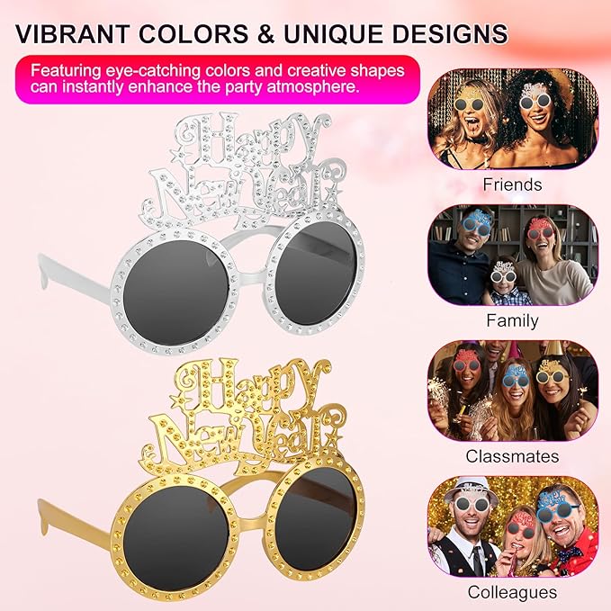 Happy New Year Metallic Glasses Shiny 2026 Party Eyeglasses for Adults & Kids Fun NYE Accessories & Photo Booth Props