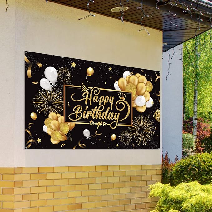 Blulu Happy Birthday Banner Sign Poster Large Fabric Glitter Balloon Fireworks Sign Photo Backdrop Background for Birthday Decoration Supplies, 72.8 x 43.3in (Black and Gold)